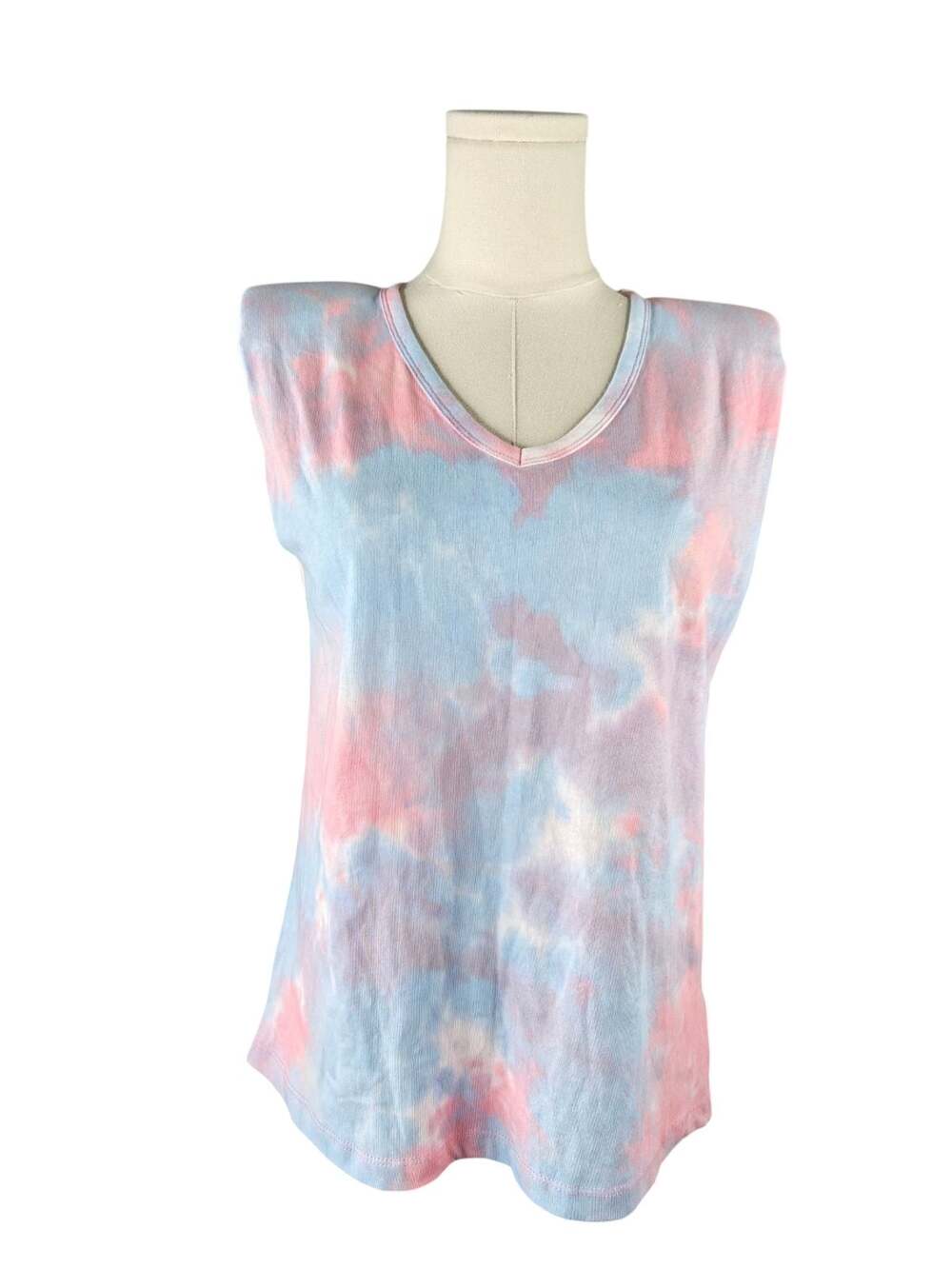 BLANKNYC Padded Shoulder V-Neck Sleeveless Top in Pink and Blue Tie-Dye Sz. XS